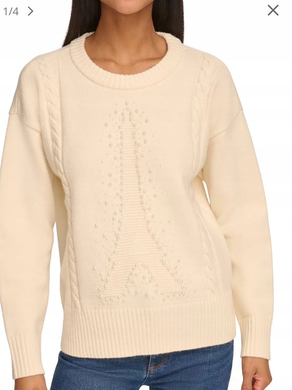 Karl Lagerfeld Cream Crewneck Sweater with Beaded Eiffel Motif
